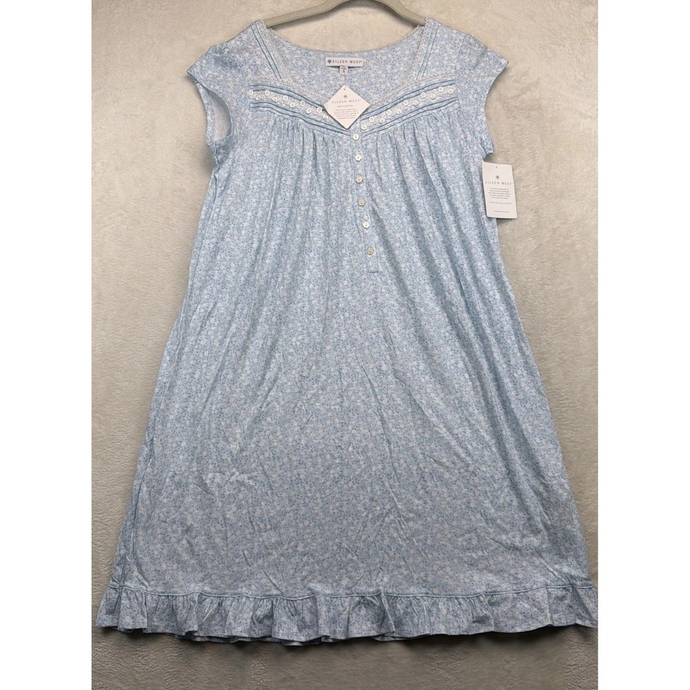 Eileen West White Meadow Blue Floral Cotton Cap Sleeve Nightgown Small NWT - Picture 2 of 9